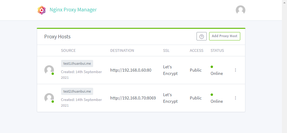 Tạo thành công Proxy Host mới cho tên miền https://test2.thuanbui.me
