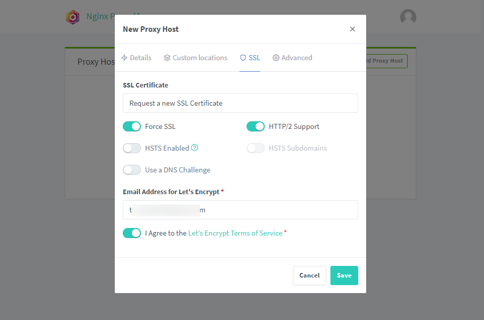 Mục SSL Certificate: chọn Request a new SSL Certificate, chọn thêm Force SSL, HTTP/2 Support, Điền email, chọn I Agree to ... và bấm Save