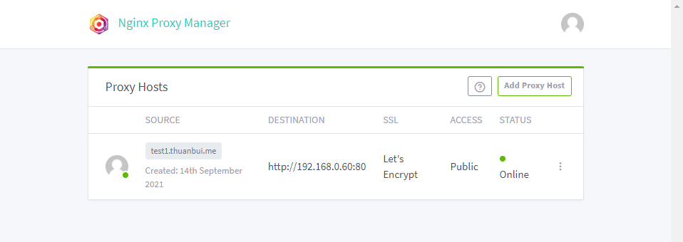 Tạo Proxy Host kèm chứng chỉ SSL thành công