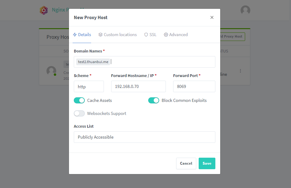 Tạo Proxy Host mới cho tên miền test.thuanbui.me